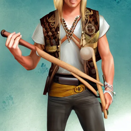 Image similar to a male ranger, dnd, wearing a leather vest and white linen pants, puka shell necklace, long swept back blond hair, with a bongo drum and nunchucks, chiseled good looks, digital art