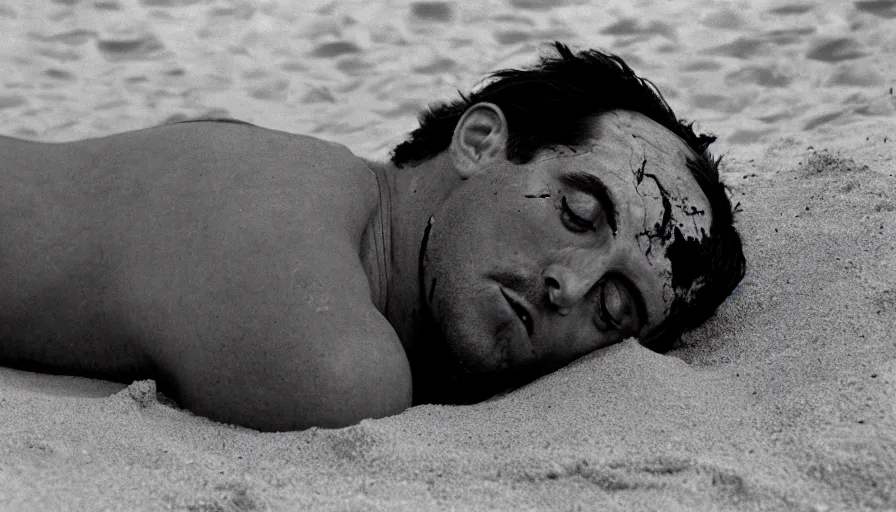 Image similar to 1 9 6 0 s movie still close up of marcus atilius regulus eyelids riped off bloody eyes looking directly at the sun his body buried in the sand, cinestill 8 0 0 t 3 5 mm b & w, high quality, heavy grain, high detail, texture, dramatic light, anamorphic, hyperrealistic, detailed hair