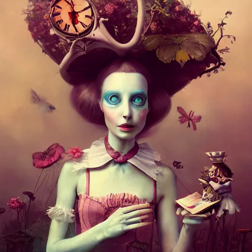 Prompt: portrait of alice in wonderland, by ray caesar and vincent callebaut and sandra chevrier, trending on artstation hq, deviantart, pinterest, 4 k uhd image