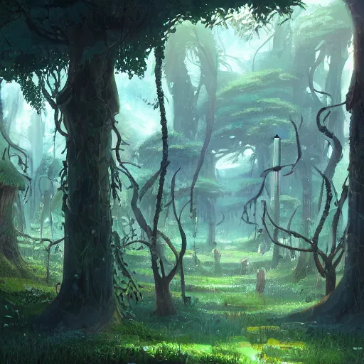 Image similar to concept art painting of a forest with houses made of trees and roots, houses inside trees, vines, deep forest, realistic, detailed, cel shaded, in the style of makoto shinkai and greg rutkowski and james gurney