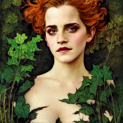 Image similar to a beautiful painting of emma watson and christina hendricks dressed as a poison ivy, dark eyeliner, intricate, elegant, highly detailed, digital painting, artstation, concept art, matte, sharp focus, illustration, art by rebecca guay and by arthur rackham and by alphonse mucha and by john william waterhouse