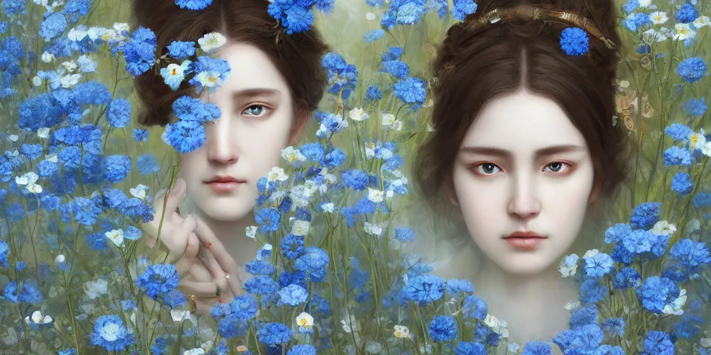 Prompt: breathtaking detailed concept art painting portrait of the goddess of nemophila flowers, orthodox saint, with anxious piercing eyes, ornate background, amalgamation of leaves and flowers, by hsiao - ron cheng, extremely moody lighting, 8 k