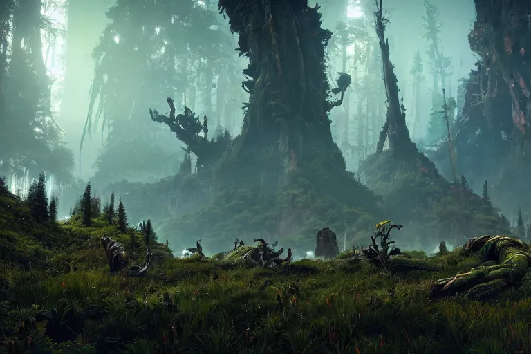 Image similar to wide epic shot from horizon forbidden west. a hyper detailed organic mechanic creatuve realistic similar look as horizon forbidden west horizon zero dawn, bioluminiscence in a dark deep forest at dawn in spring, with reflection and textures, by kilian eng, substance painter reaslitic mech surface metal painted scratches, world env from horizon forbidden west horizon zero dawn