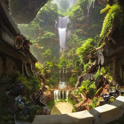Image similar to worm's eye view of overwatch headquarters carved inside a mountain surrounding a lush well kept garden, central waterfall, magical, natural light, fantasy, sharp focus, concept art, by greg rutkowski and craig mullins, cozy atmospheric