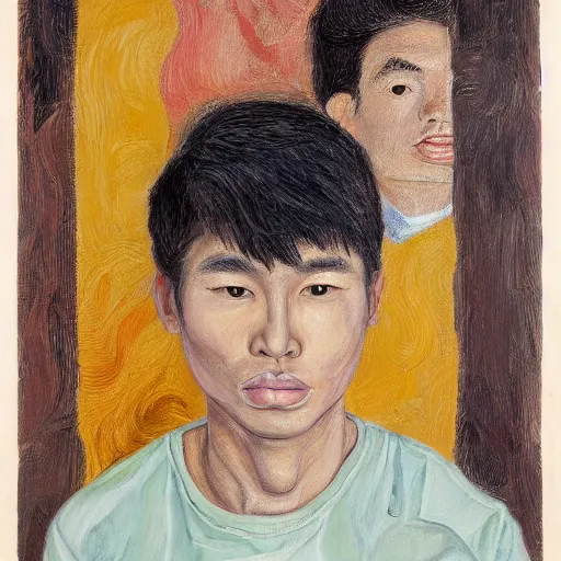 Prompt: detailed portrait of a modern, young confident southeast asian american young man, large eyes, round cheeks, tanned skin, medium length hair in the style of lucian freud, francis bacon, john chamberlain, willem de kooning, andreas franke, jean giraud, rob gonsalves, james gurney, james jean, ruan jia, gustav klimt