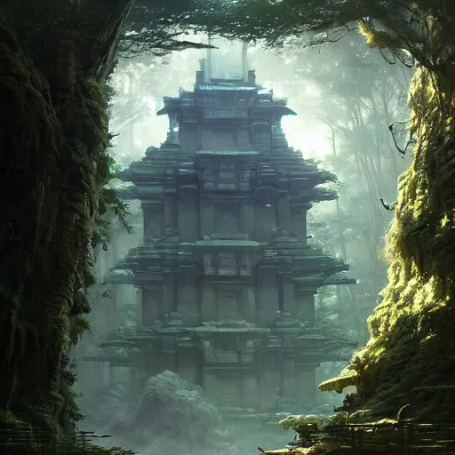 Image similar to detailed sci - fi concept art of a detailed ancient temple in an overgrown forest, depth of field, unreal engine, artstation, award - winning realistic sci - fi concept art by greg rutkowski and yoshitaka amano, in the style of james gurney.