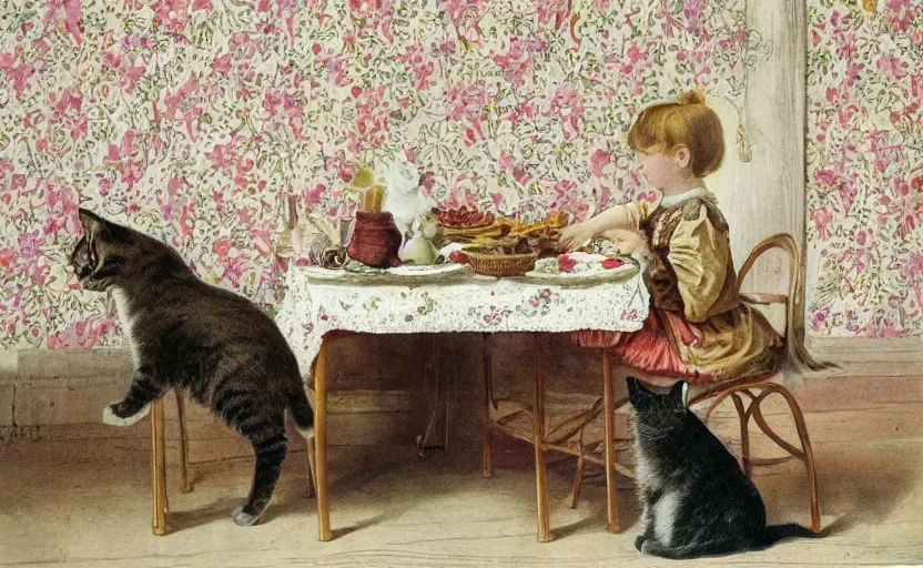 Prompt: a girl has breakfast with her cat at the table filled with food, flowery wallpaper, 1 8 8 0 s style, professional photography, color