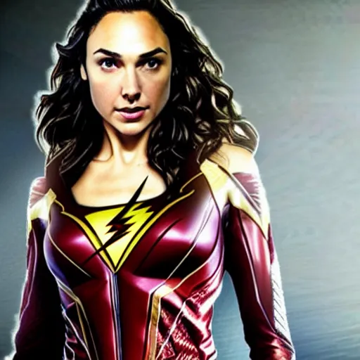 Prompt: an potrait of gal Gadot cast of movie the flash and wearing a flash suit, photorealistic high detail, view from below, full body shot.