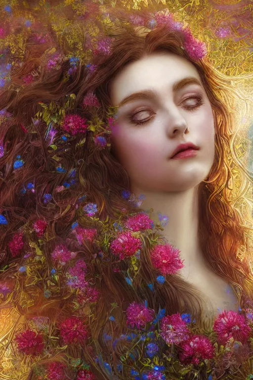 Prompt: elaborately detailed close up portrait of an extremely beautiful girl with long dark hair surrounded by flowers, an eerie mist and ethereal rainbow bubbles, Aetherpunk, high fantasy professionally painted digital art painting, fantasy matte painting movie poster, Art Nouveau, smooth, sharp focus, atmospheric lighting, highly detailed illustration highlights, backlight, golden ratio, 8K detail post-processing, symmetrical facial features, rich deep moody colors, majestic, dark epic fantasy, award winning picture, sense of awe, featured on DeviantArt, trending on cgsociety