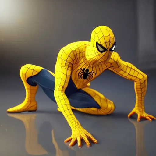 Image similar to still photo of yellow spider - man, highly detailed, photorealistic portrait, bright studio setting, studio lighting, crisp quality and light reflections, unreal engine 5 quality render