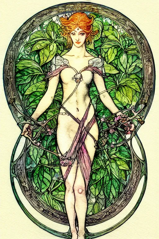 Image similar to elven art nouveau goblet of win watercolor painting in the center of a circular frame of leaves, art by walter crane and arthur rackham, illustration style, watercolor