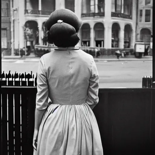 Image similar to photo of a woman in a dress by vivian maier. professional photography.