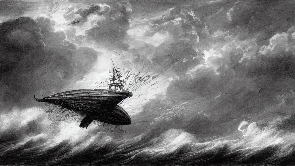 Image similar to drawing of one giant steampunk zeppelin flying above a stormy ocean, by gustave dore, nineteenth century, black and white, vintage, science fiction, epic composition, dramatic lighting, highly detailed, cinematic