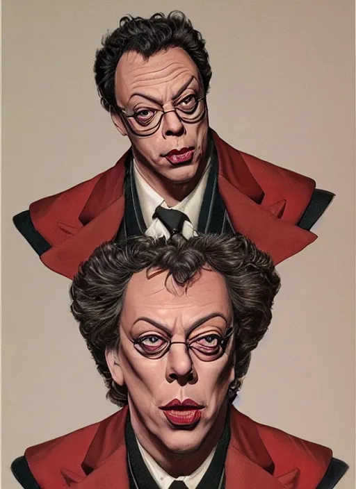 Prompt: portrait of tim curry as wadsworth in clue ( 1 9 8 5 ), highly detailed, centered, solid color background, digital painting, artstation, concept art, smooth, sharp focus, illustration, jason edmiston, donato giancola, joseph christian leyendecker, les edwards, ed repka, wlop