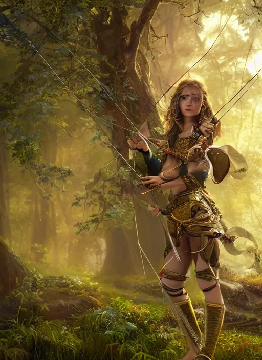 Image similar to Beautiful art portrait of a female fantasy archer at a temple surrounded by lush spring golden forest, atmospheric lighting, intricate detail, cgsociety, hyperrealistic, octane render, RPG portrait, ambient light, dynamic lighting