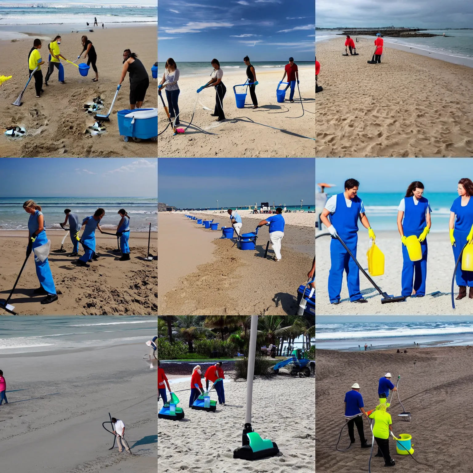 Prompt: A group of cleaners vacuuming and mopping a beach to clean the sand