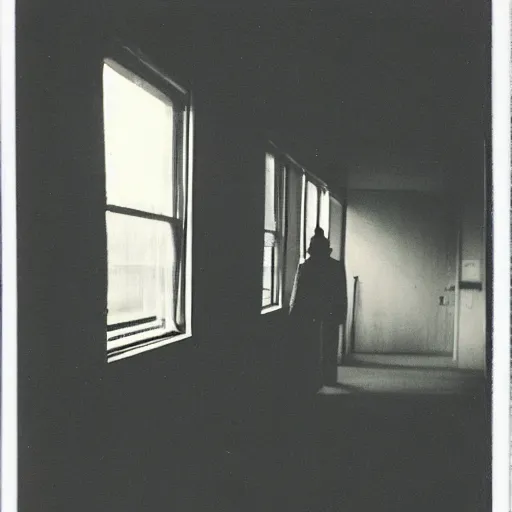 Image similar to An old polaroid photograph of a creepy liminal office space with a tall slender scary figure in the hall