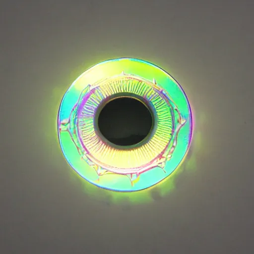 Prompt: scientific archival photography of a peculiar found object made of a unique matte, iridescent fabric material that bends light like a fresnel lens. the object is adorned with a machined silicon chip casing and an intricate detailing of quantum crystal circuits. the object has an inscription on the inner cuff.