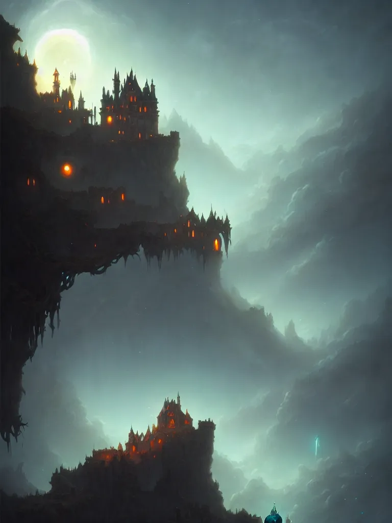 Prompt: a necromancer's magical castle on a cliff by peter mohrbacher, moonlight, fantasy art