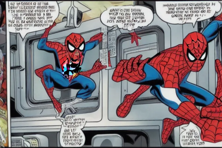 Prompt: spider man and spider man sitting in a train talking about the new marvel movie, as a panel of a Marvel comic