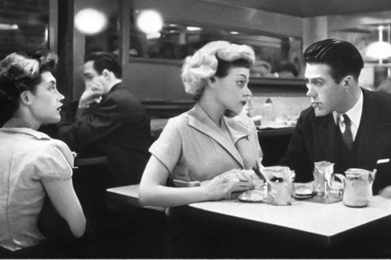 Prompt: beautiful couple arguing in a New York diner 1950s, by Roger Deakins