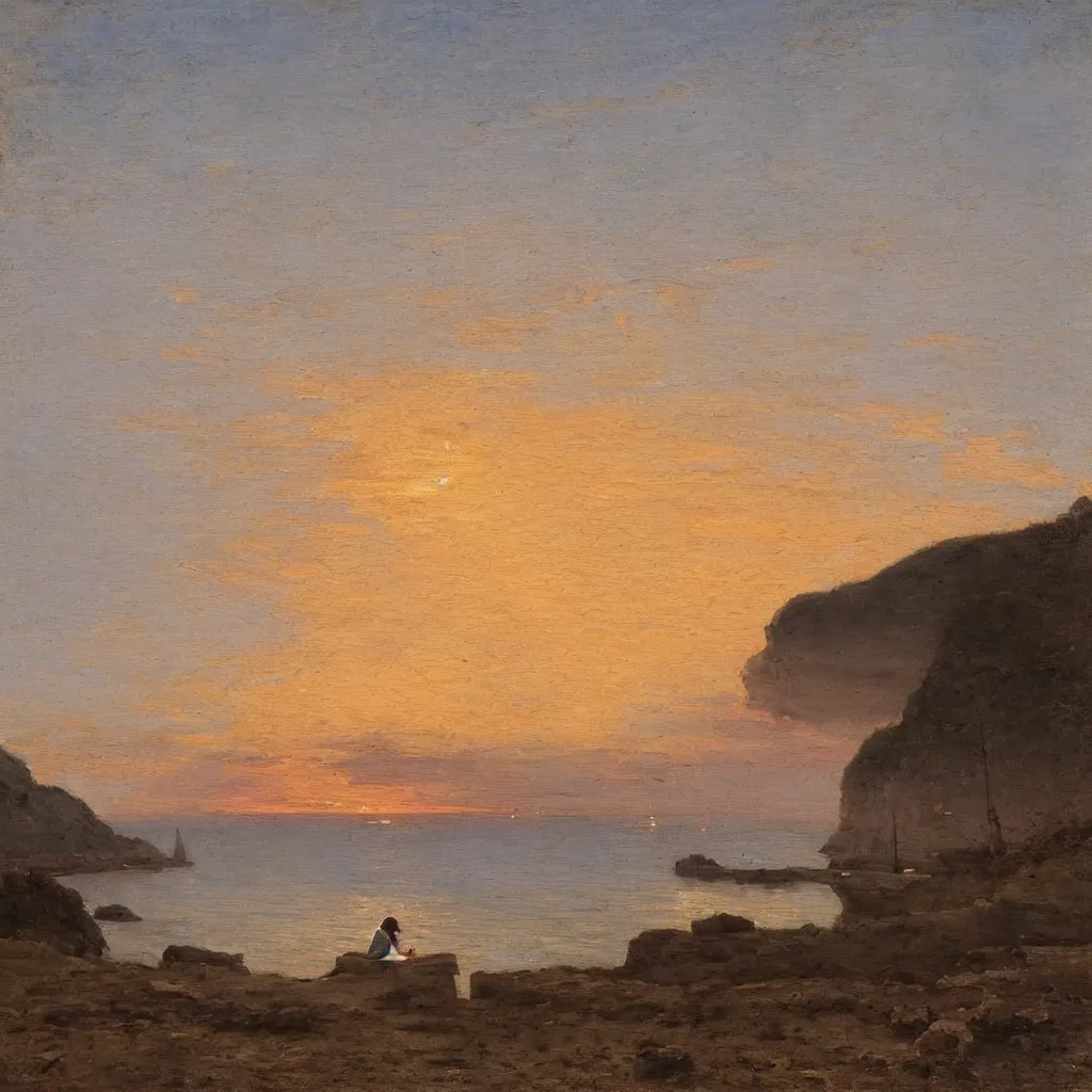 Prompt: a girl on the beach, beautiful sunset, at Ville Franche sur Mer by Claude Lorraine