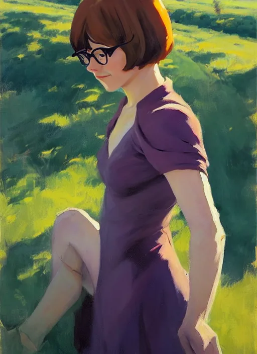 Prompt: Greg Manchess painting of grown-up Velma Dinkley, winged eyelashes, countryside, calm, fantasy character portrait, dark outlines, dynamic pose, above view, sunny day, artwork by Makoto Shinkai, very coherent asymmetrical artwork, sharp edges, perfect face, simple form, 100mm