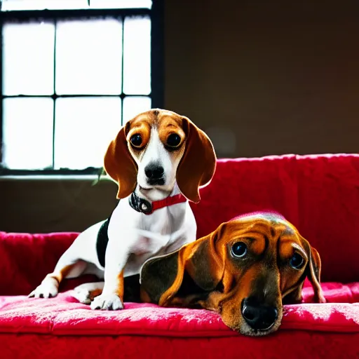 Image similar to a digital photo of a beagle and a daschund on a red victorian couch.