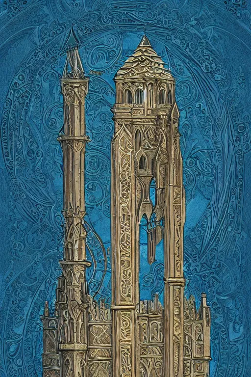 Image similar to ancient silver tower of the moon, fairytale illustration, elaborate carved wood balconies, tall windows, moorish architecture, formal gardens, dramatic cinematic lighting, beautiful moths, soft colors, golden age illustrator