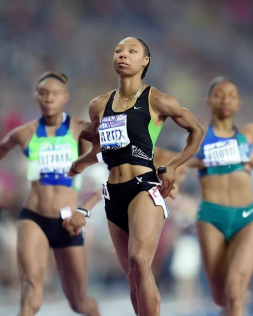 Image similar to allyson felix, crouching at the 2 0 0 - meter starting line, hyperreal, sports photography in the style of neil leifer