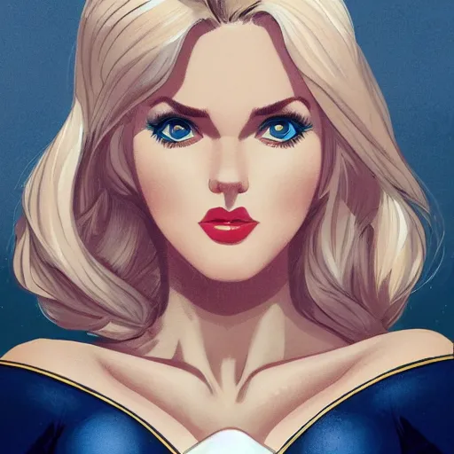 Image similar to a beautiful pin - up portrait of a beautiful cute superhero woman, blonde hair, matte navy - blue bodysuit, white cape, intricate, elegant, 8 k, highly detailed, digital painting, concept art, smooth, sharp focus, illustration, anime style