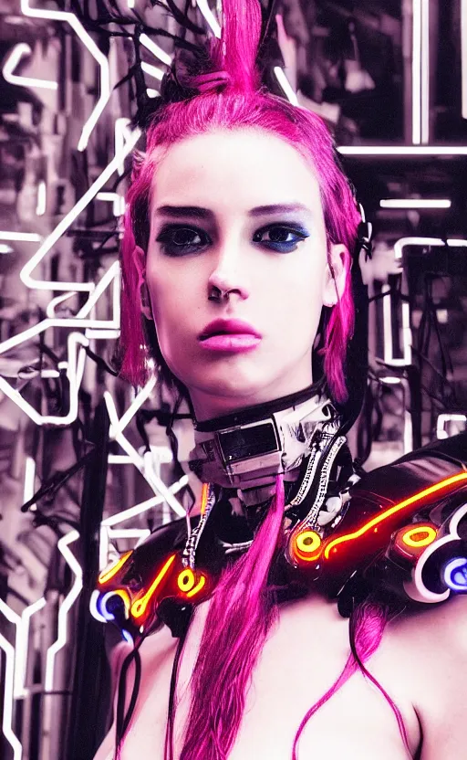Prompt: “ a beautiful cyberpunk female model with a robotic neck and glowing neon piercings, met gala fashion, cinematic lighting, strong depth of field, black and white 8 k photography ”