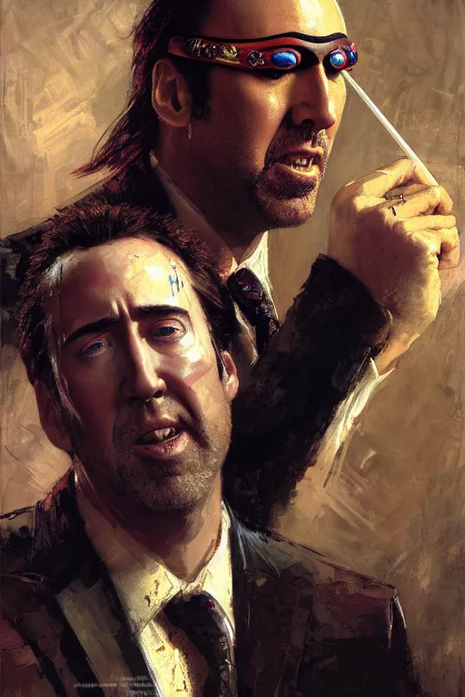 Prompt: nic cage pickle wearing an eye patch and a suit and tie extreme detail portrait dnd, painting by gaston bussiere, craig mullins, greg rutkowski, yoji shinkawa