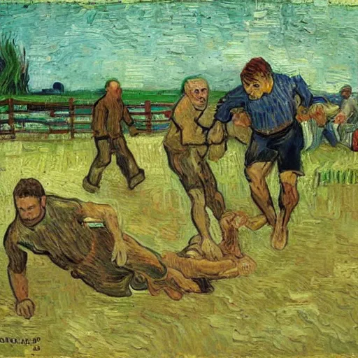 Image similar to 3 drunks fall over mud - wrestling,, oil painted ( ( ( ( ( ( by van gogh ) ) ) ) ) )