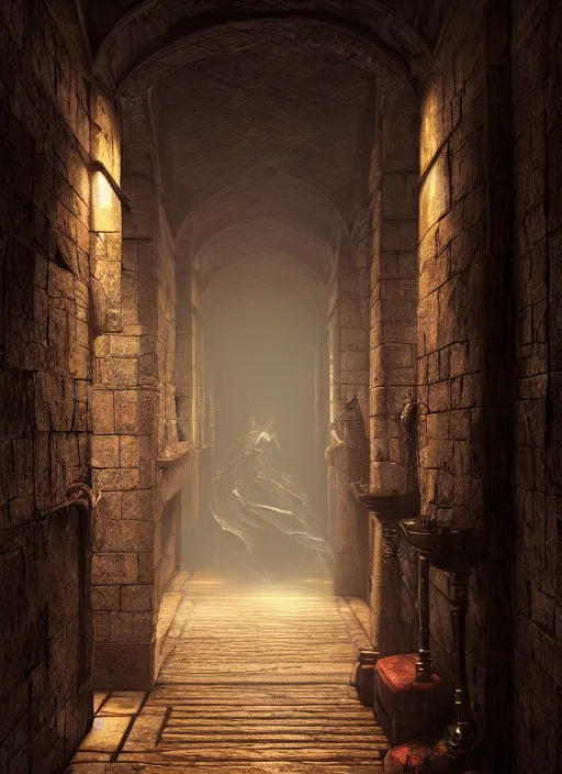 Image similar to castle hallways, ultra detailed fantasy, elden ring, realistic, dnd, rpg, lotr game design fanart by concept art, behance hd, artstation, deviantart, global illumination radiating a glowing aura global illumination ray tracing hdr render in unreal engine 5