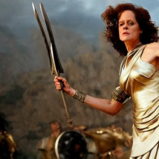 Image similar to sigourney weaver as the greek goddess athena, battle scene, live action movie, dynamic