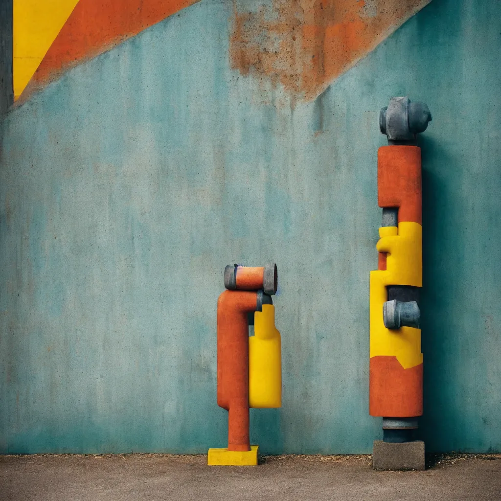 Image similar to kodak portra 4 0 0, 8 k, shot of a highly detailed, britt marling style, colour still - life portrait of a large pipe organ, rough concrete walls, a single rough carved wooden teal and orange striped coloured statue is standing on a concrete podest with a yellow crown on his head, muted colours