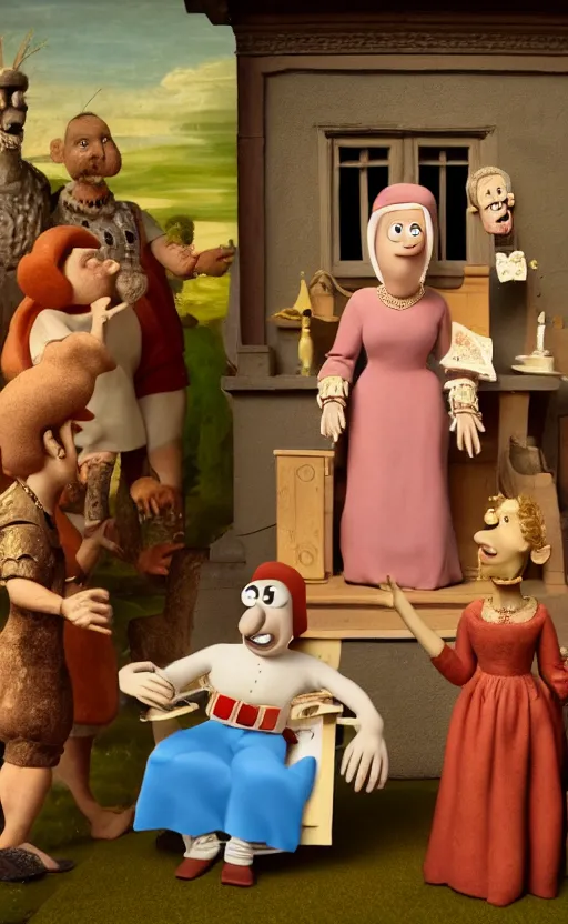 Image similar to god saves the queen, claymation, epic, ( ( renaissance painting ) ), in the style of wallace and gromit