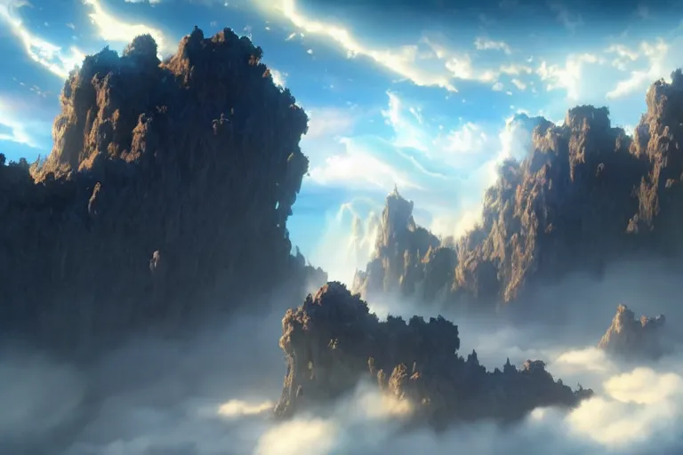 Image similar to great big giants slashing the drop of a clouds from sky. fantasy, highlight scene of the movie, high quality, highly detailed 8 k, unreal engine 5, scene of myth, art by hiroaki samura and jiro matsumoto and yao wang from artstation