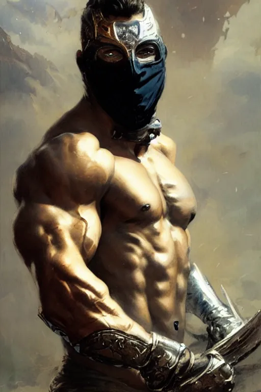 Image similar to A man wearing silver mask, muscular, painting by greg rutkowski and Gaston Bussiere