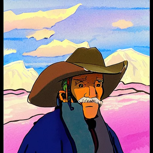 Prompt: an old cowboy in the arctic, studio ghibli style, saturated colors