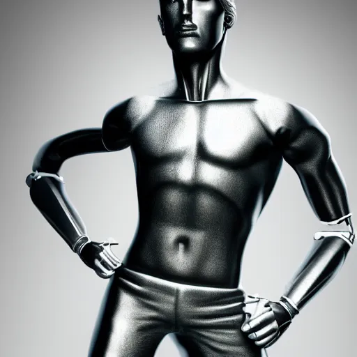 Image similar to a realistic detailed photo of a guy who is an attractive humanoid who is half robot and half humanoid, who is a male android, attractive and handsome soccer players, shiny skin, posing like a statue, blank stare, in a factory, on display, showing off his muscles, wearing soccer shorts, side view, looking at each other mindlessly