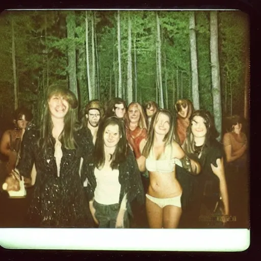 Image similar to dark forest party in 1 9 6 9, polaroid photo, perfect photo, photo pinterest