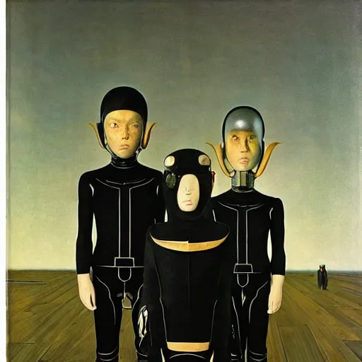 Prompt: a family portrait of alien cyborgs dressed in japanese streetwear, by andrew wyeth, hilma af klint, rene magritte, grant wood