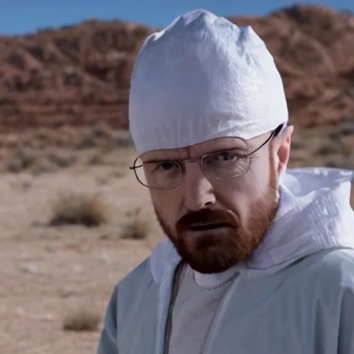 Prompt: Live Action Still of Aaron Paul dressed as Walter White, real life, hyperrealistic, ultra realistic, realistic, highly detailed, epic, HD quality, 8k resolution, body and headshot, film still