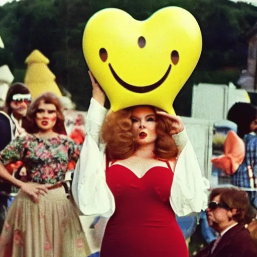 Prompt: 1976 glamorous curvy woman wearing an inflatable smiley head, wearing a dress, in a small village full of inflatable animals, 1976 French film archival footage technicolor film expired film 16mm Fellini new wave John Waters Russ Meyer movie still