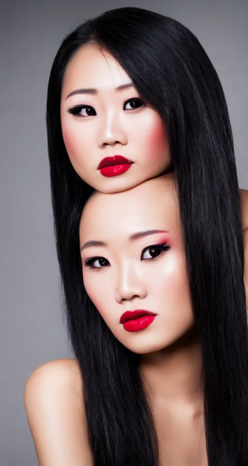 Image similar to close up fashion model portrait asian woman, black and red, elegant