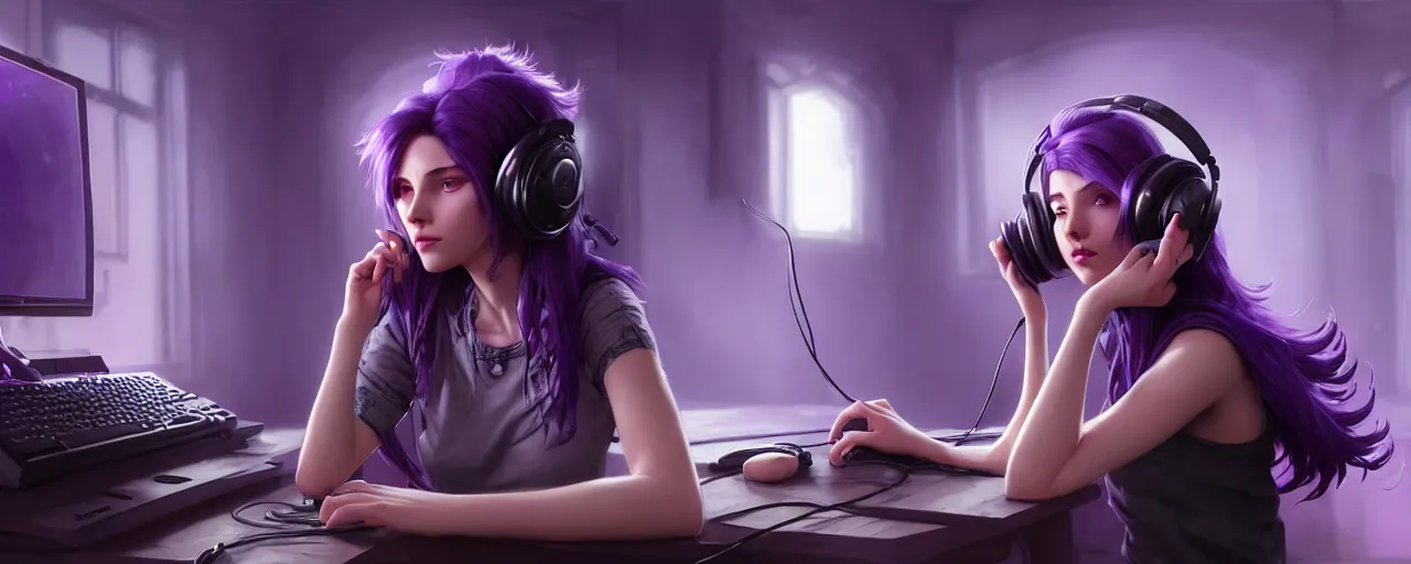 Image similar to wide - shot of stunningly beautiful purple haired female with headphones at home studio streaming computer games late at night, very detailed, 4 k, concept art like ernest khalimov, intricate details, highly detailed by greg rutkowski, ilya kuvshinov, gaston bussiere, craig mullins, simon bisley, backlit