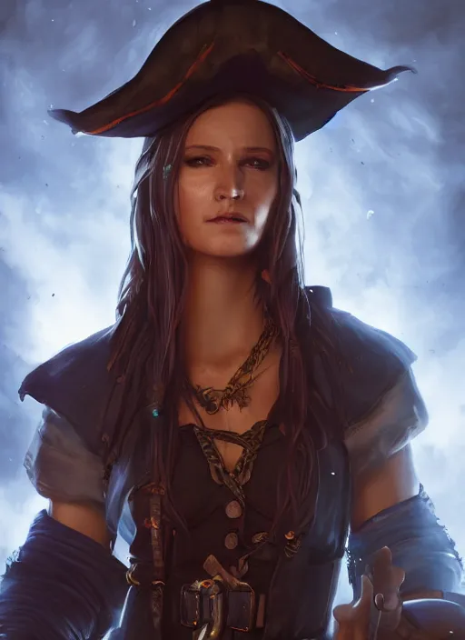 Image similar to A fantasy comic book style portrait painting of a 30 year old female as a pirate wizard in a atmospheric dark fortress, unreal 5, DAZ, hyperrealistic, octane render, RPG portrait, ambient light, dynamic lighting