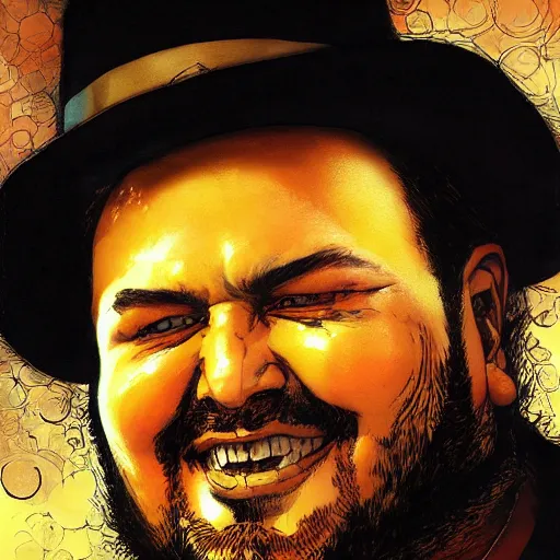 Prompt: fat man with a neckbeard wearing a fedora, smiling, character close up, art by karol bak, yoji shinkawa, ultrafine detail, artstation, high quality
